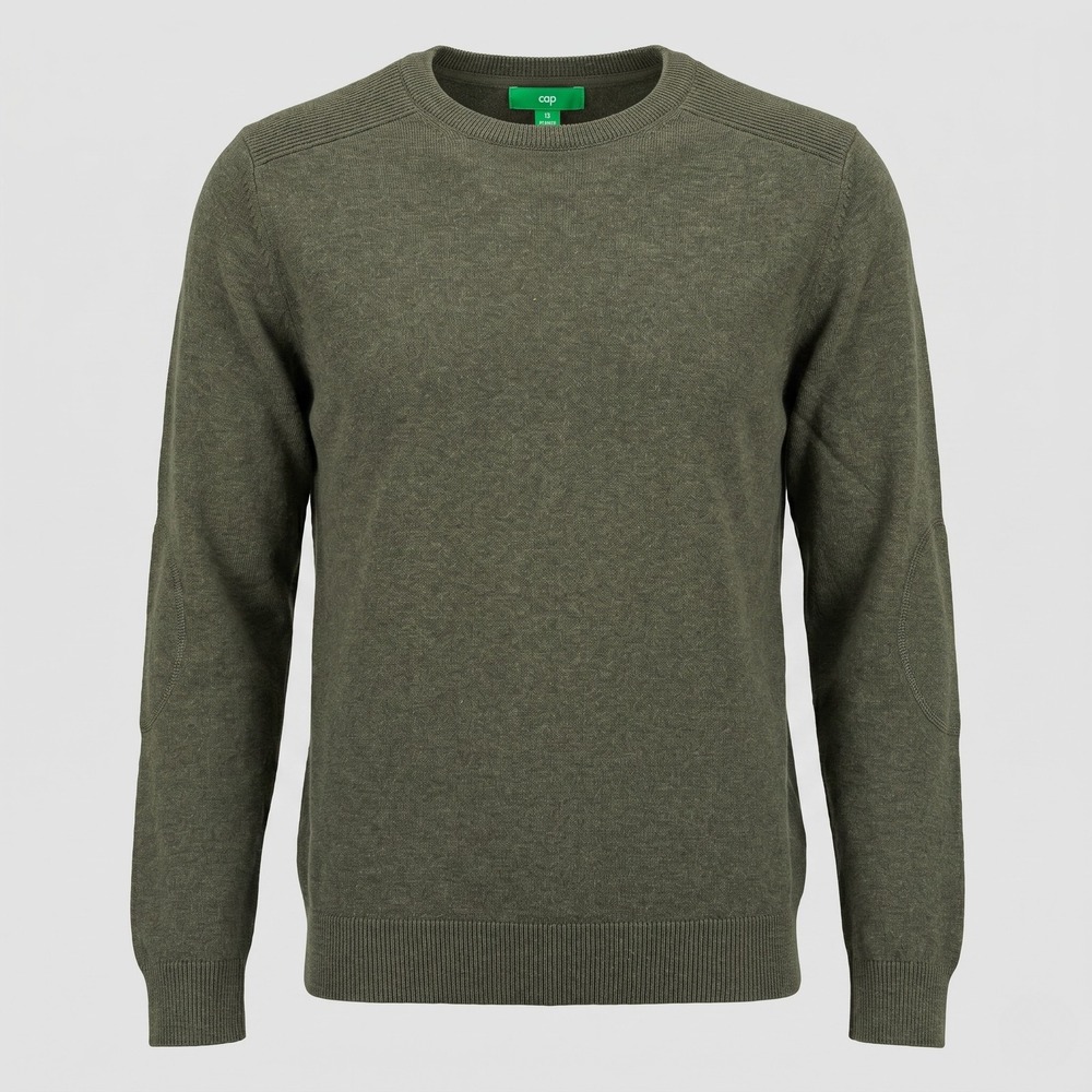 Dip Mens Medium Olive Green Sweater Crew Neck Elbow Patch Ribbed Shoulder Cotton